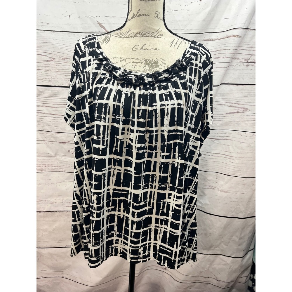Apt 9 Womens 3X Black White Abstract Grid Chain Neck‎ Short Sleeve Blouse Top